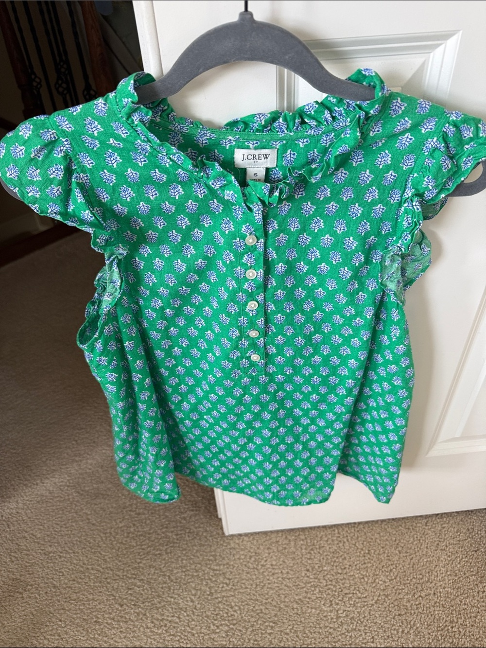 J. Crew Green Floral Ruffle Sleeve Henley Top